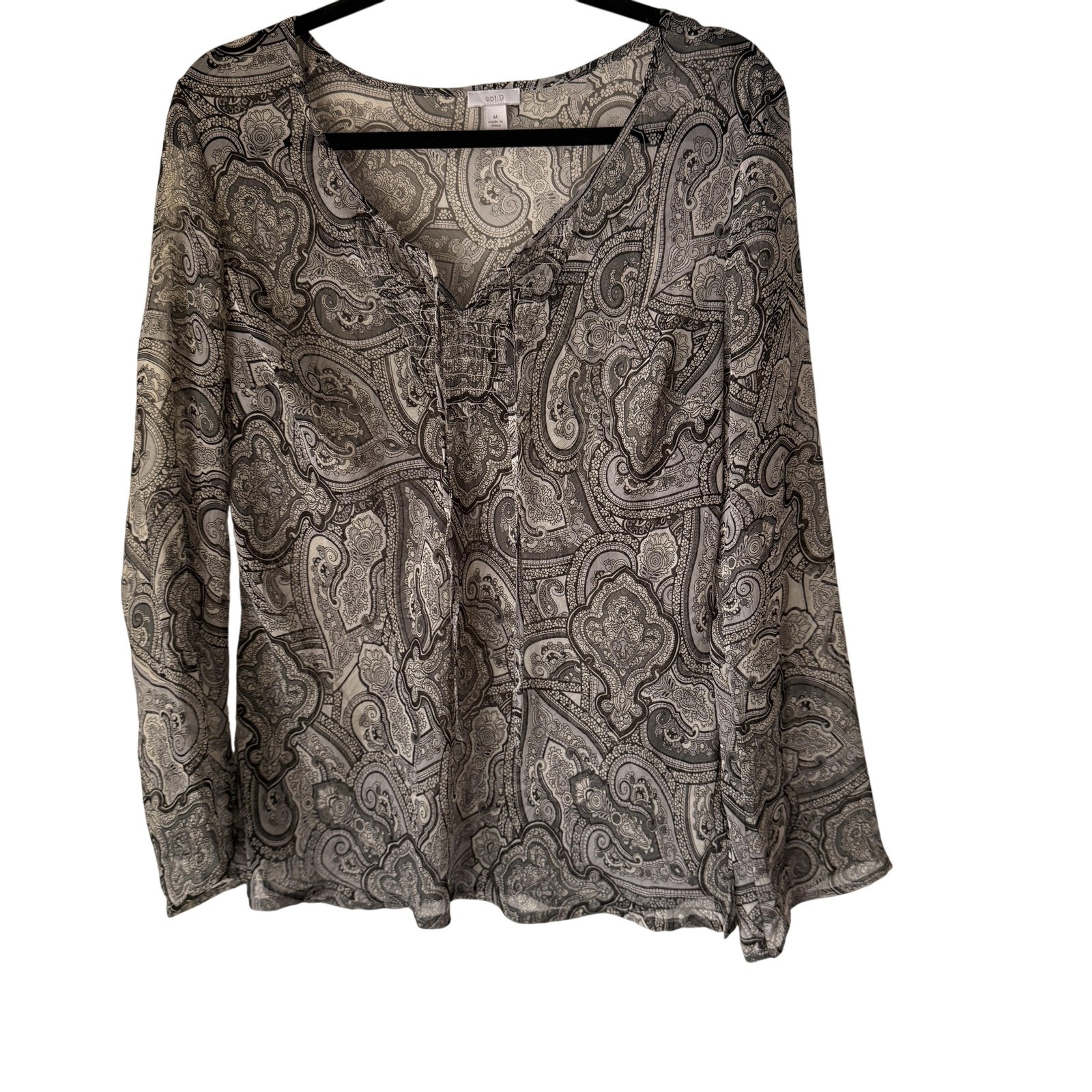 Apt. 9 Blouse Y2k Medium Gray Paisley Sheer Long Sleeve Top Whimsigoth Witchy